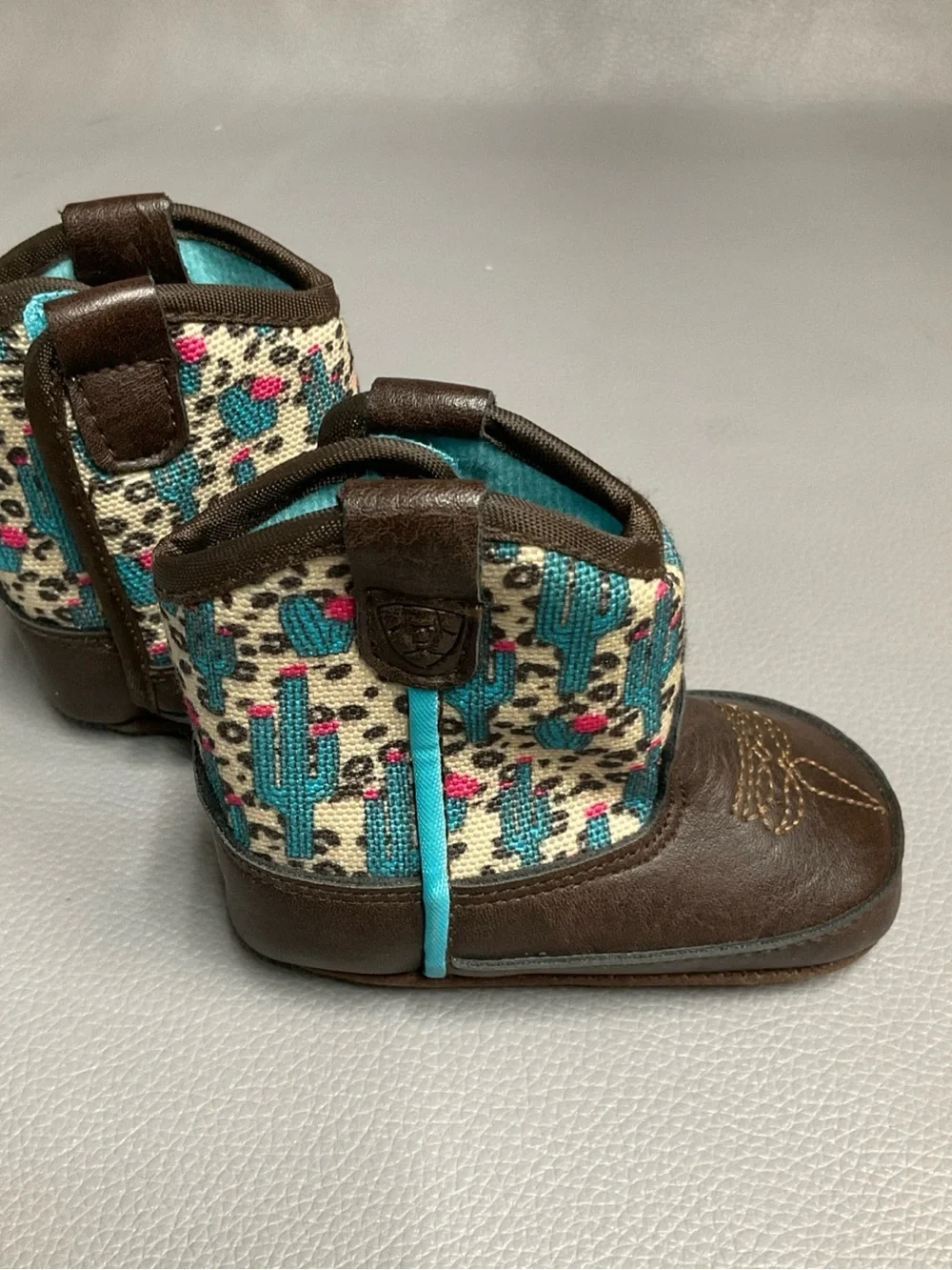 Ariat Brown Kids Boot with Turquoise and Pink Pattern